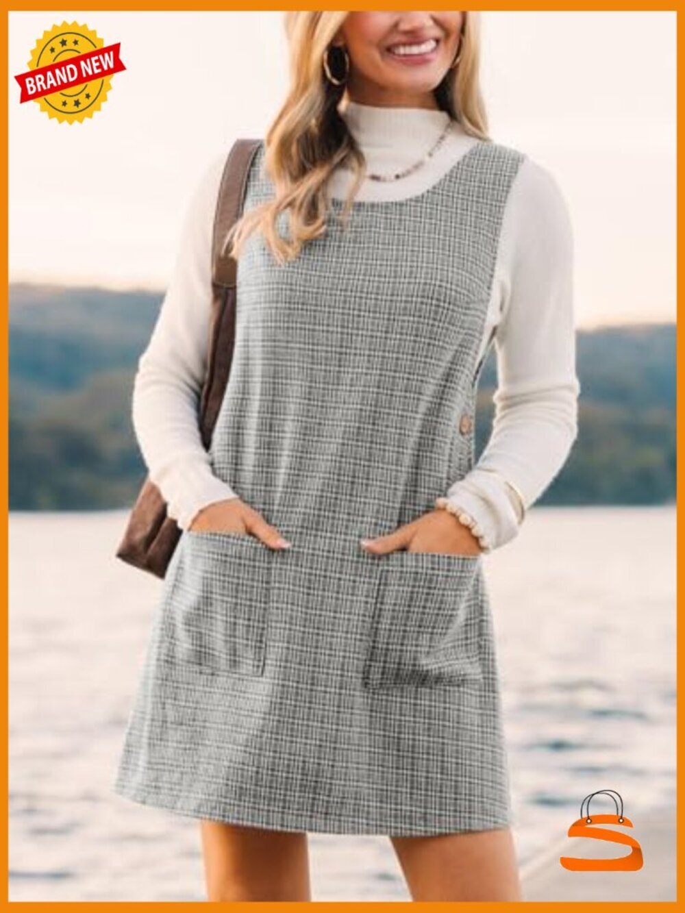Houndstooth Pinafore Mini Dress Sleeveless Pockets Casual Overall - Picture 4 of 5